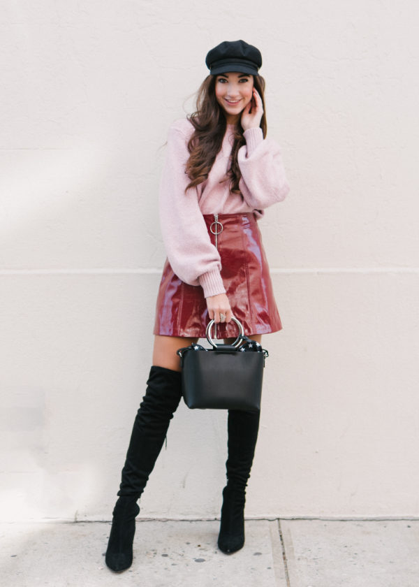 Red Patent Skirt + Pink Knit - Melissa Frusco