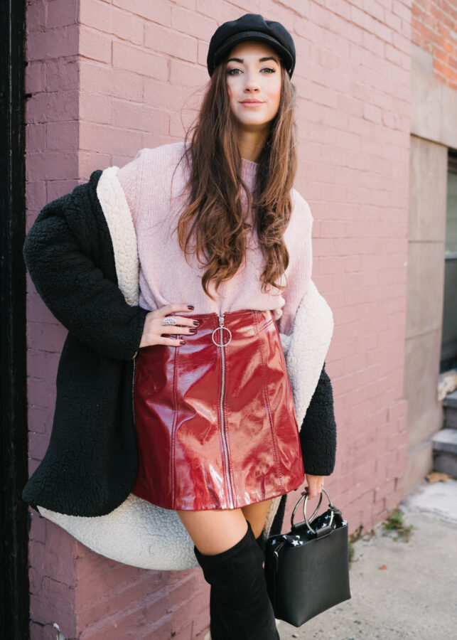 Red Patent Skirt + Pink Knit - Melissa Frusco