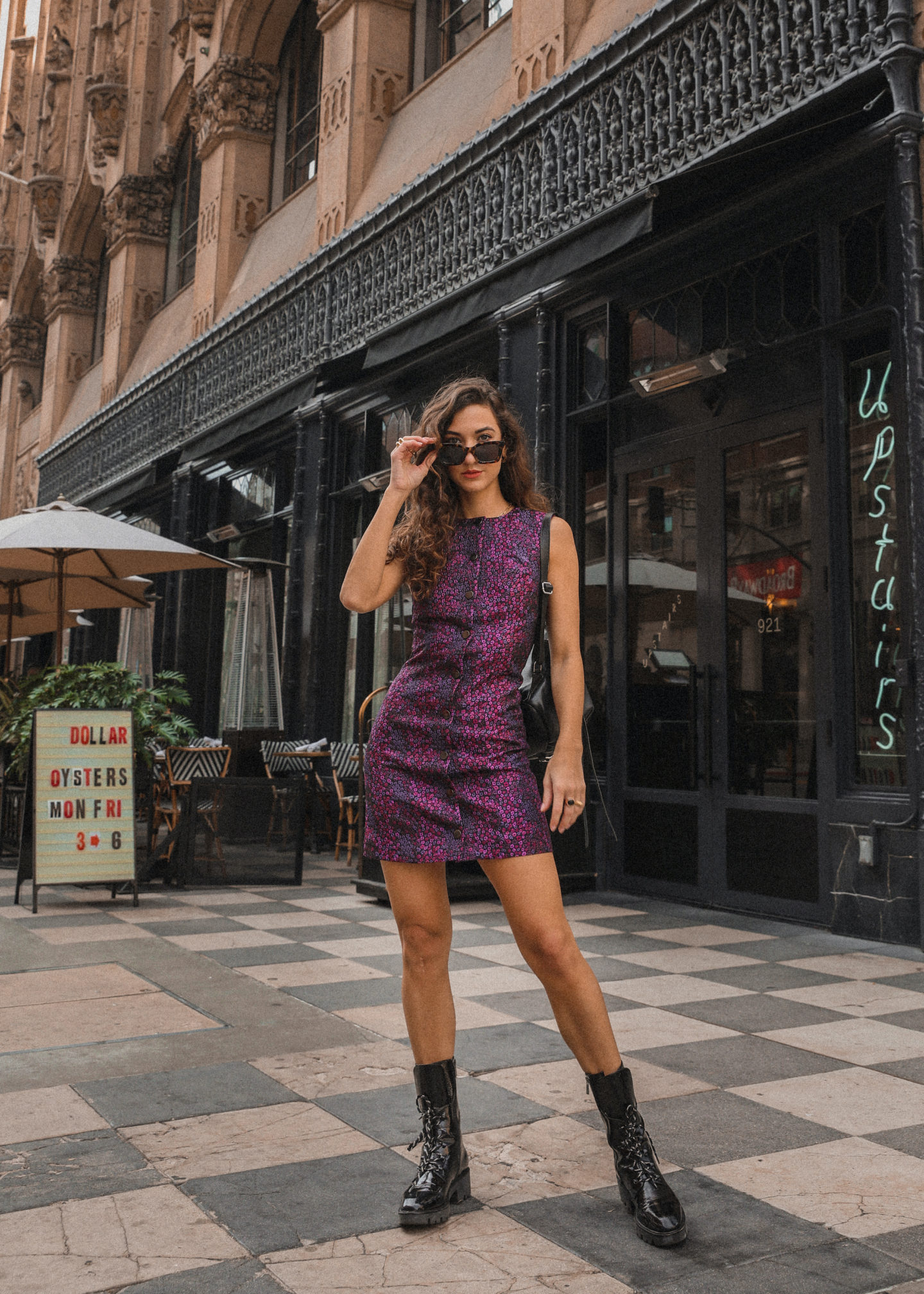 LA Outfit Recap - womens fashion DTLA california lug boots retro curly hair mini dress outfit inspo blogger NYC long hair styles street style