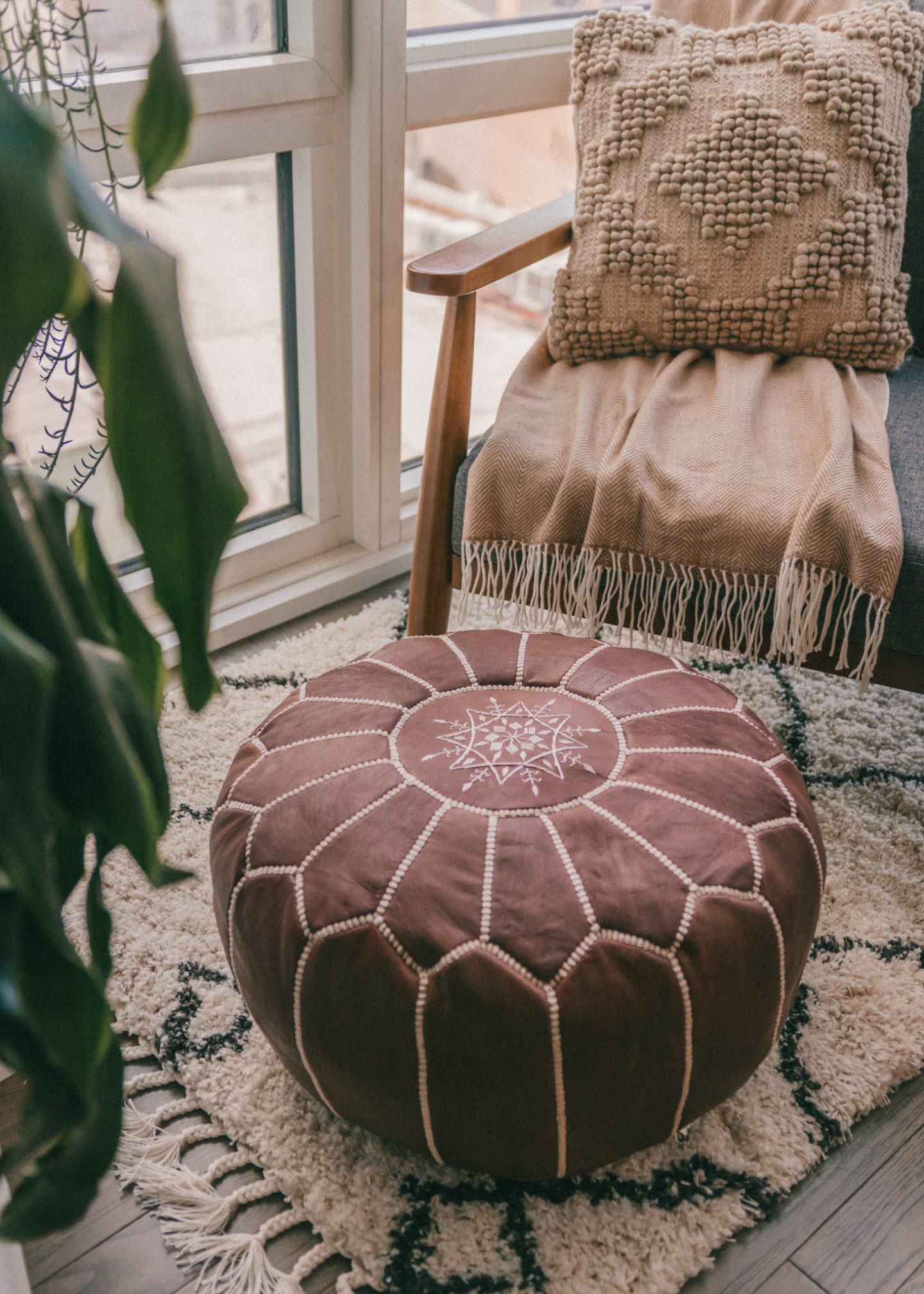 Living room mid-century modern furniture cozy corner nook rug house plants interior decorating home inspo decor NYC Brooklyn Bird of paradise bohemian