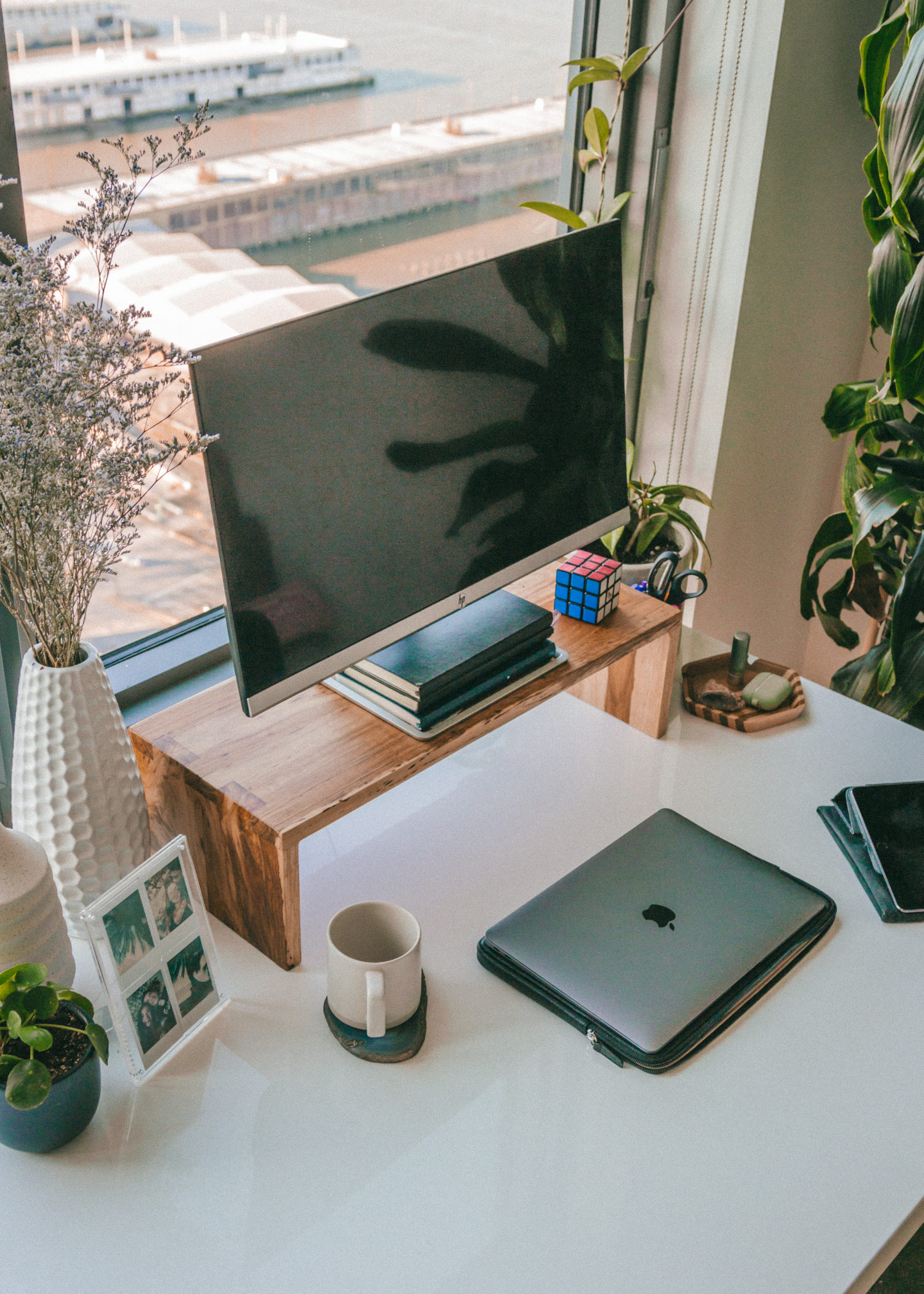 home office work from home desk set up organization plants home decor 