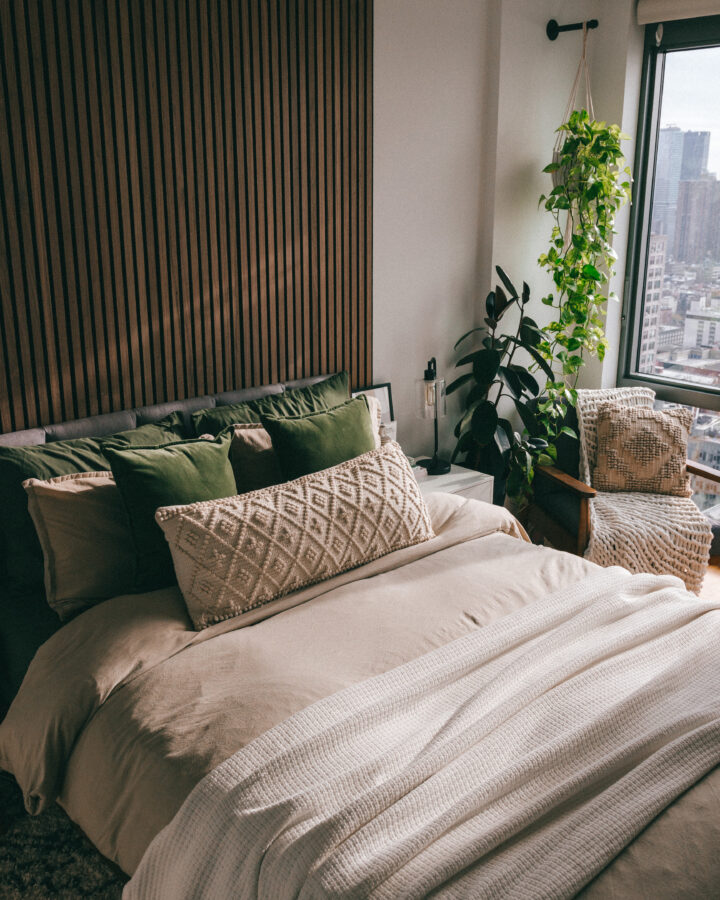 home decor nyc apartment bedroom wood slat wall japandi midcentury modern